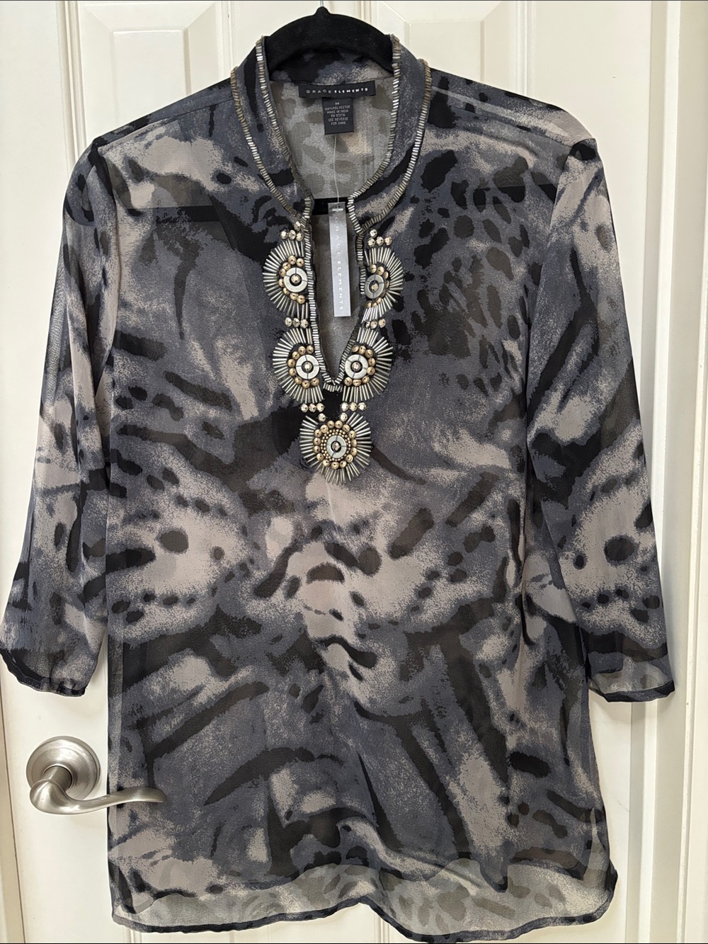 Grace Elements Black and Gray Sheer Beaded Animal-Print Tunic